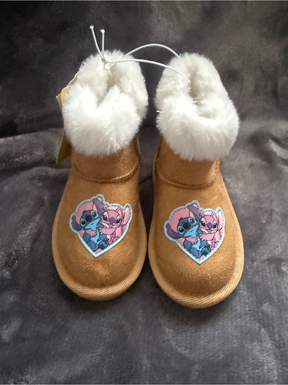 Disney Tan Boots with White Faux Fur and Pink/Blue Stitch Patch